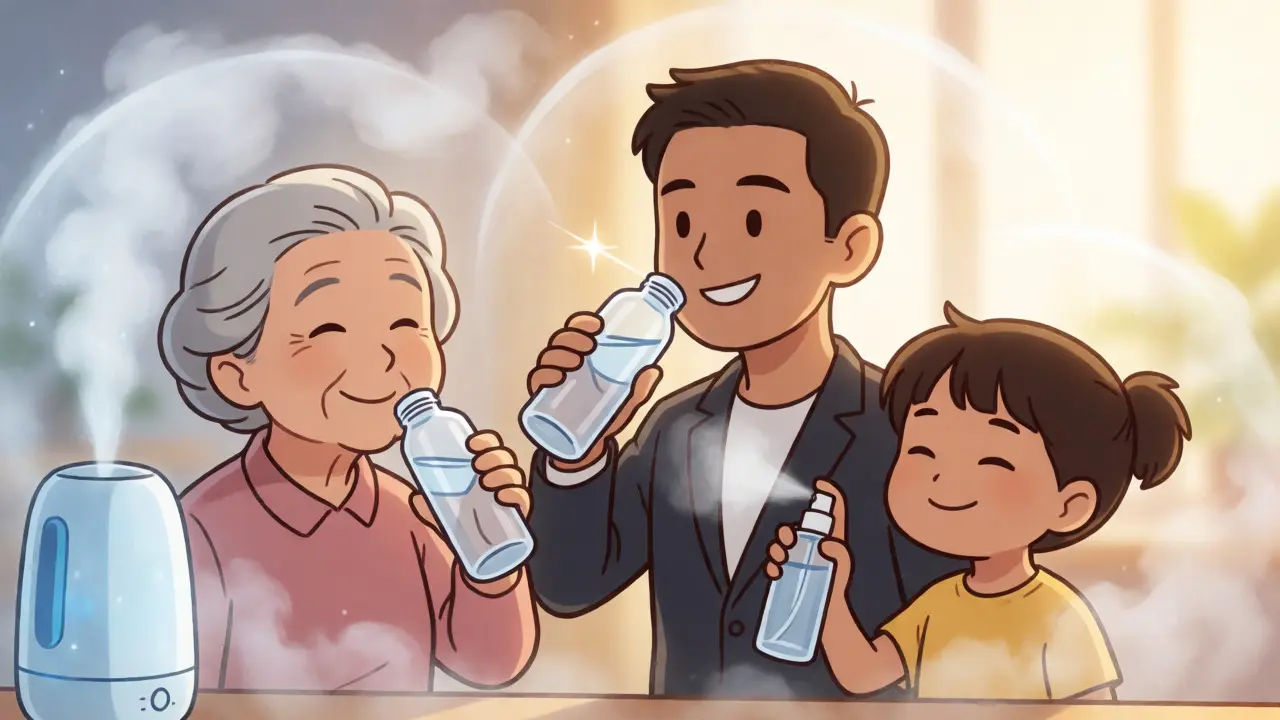People using hydration, gum, and sprays to relieve dry mouth, surrounded by protective mist.