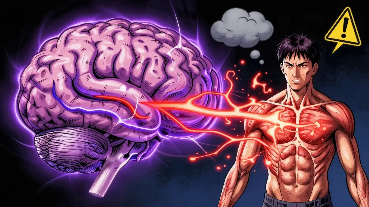 Stylized brain sending energy waves to body, illustrating how fear triggers physical symptoms in manhua art.