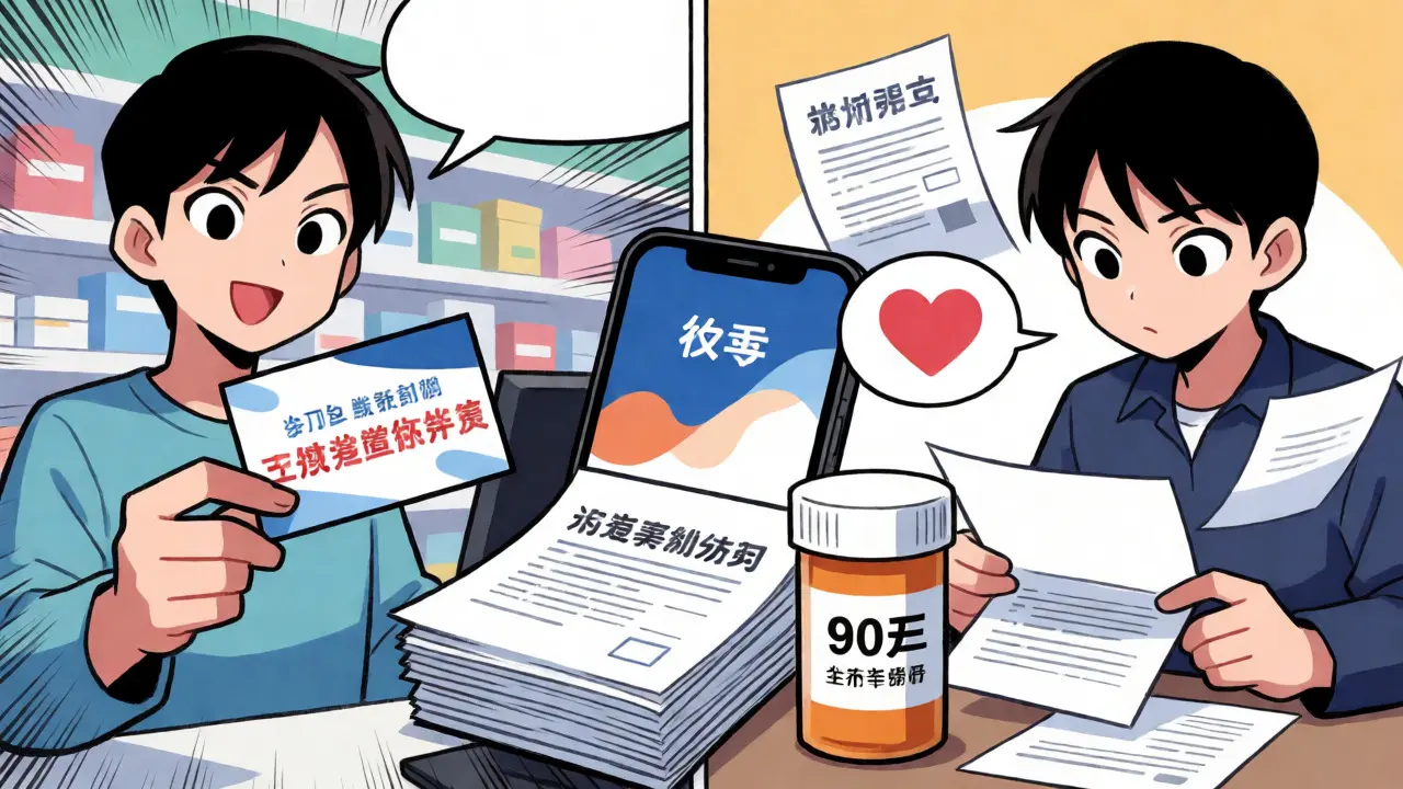 Characters using discount cards and grant applications to save on generics in manhua style.