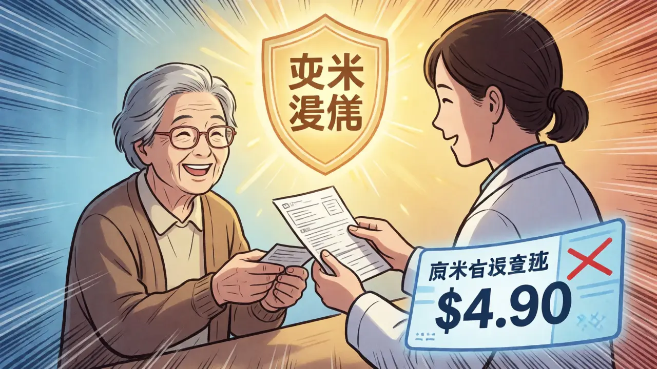 Elderly woman receiving medication under a glowing Extra Help shield in manhua style.
